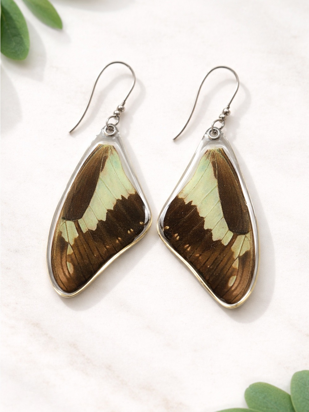 Handcrafted Brown & Mint Butterfly Wing Dangle Earrings